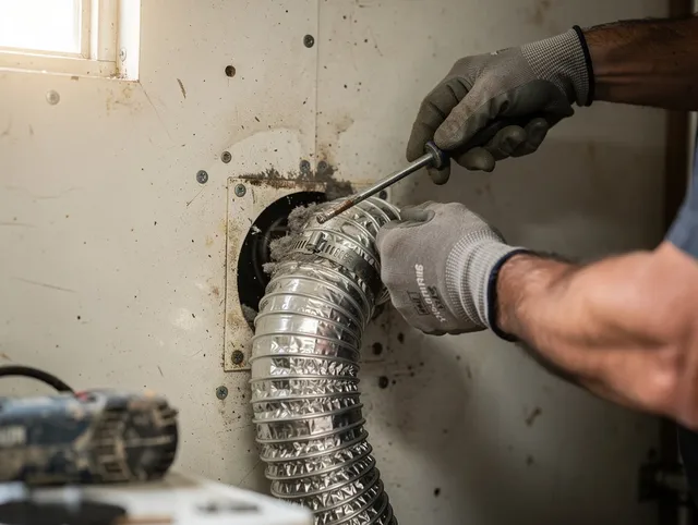 East Hemet Dryer Vent Cleaning technician performing precise dryer vent hose installation in East Hemet